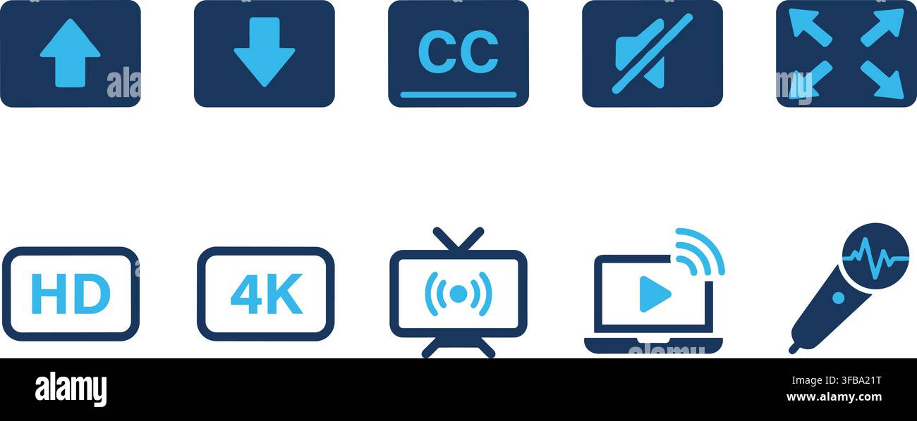 Mediensteuerungssymbol-Set mit blauen Spieler-Tasten und Bildschirmqualitäts-Symbolen für digitale Benutzeroberflächen. Stock Vektor