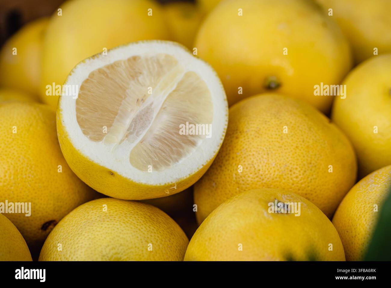 Frischer Pomelo oder Sweetie-Zitrusfrucht, mit einer Frucht, die auf der Hälfte geschnitten ist, auf einem Obst- und Gemüsemarkt Stockfoto