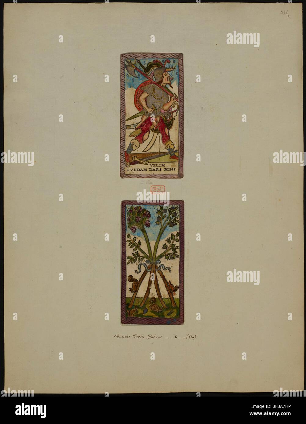 Ein antiker italienischer Tarotkarten-Druck vom 16. bis 18. Jahrhundert, der zwei Tarotkarten mit dem Text "VELIM FUNDAM DARI MINI Anciens Tarots Italiens XIV" zeigt. Stockfoto