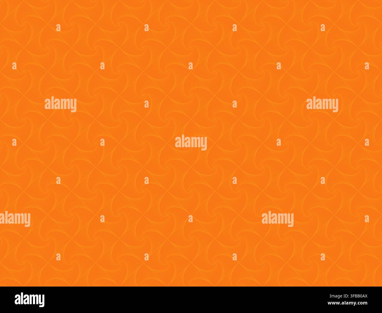 Nahtloses Spiralmuster aus hellgelben Linien mit Quadraten auf lebendigem orangefarbenem Hintergrund. Abstraktes hochauflösendes Vollbild-Hintergrund, Kopierfläche. Stockfoto