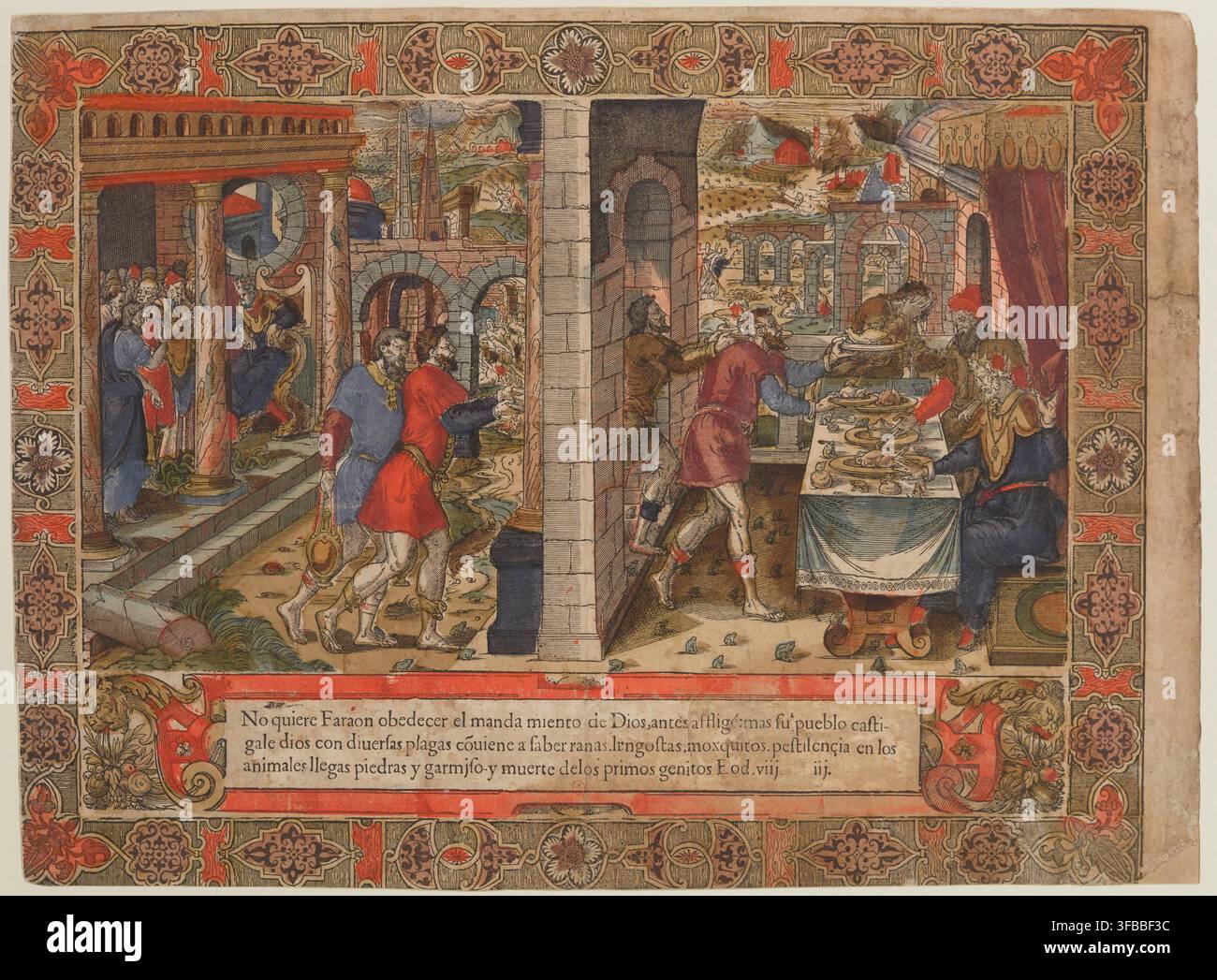 Eine Radierung aus dem 16. Jahrhundert mit einer biblischen Szene, die die Plagen Ägyptens darstellt, mit Text, der die Plagen beschreibt, einschließlich Frösche, Läuse, Mücken, Seuche, Hagel und dem Tod der Erstgeborenen, aus dem Buch Exodus. Stockfoto