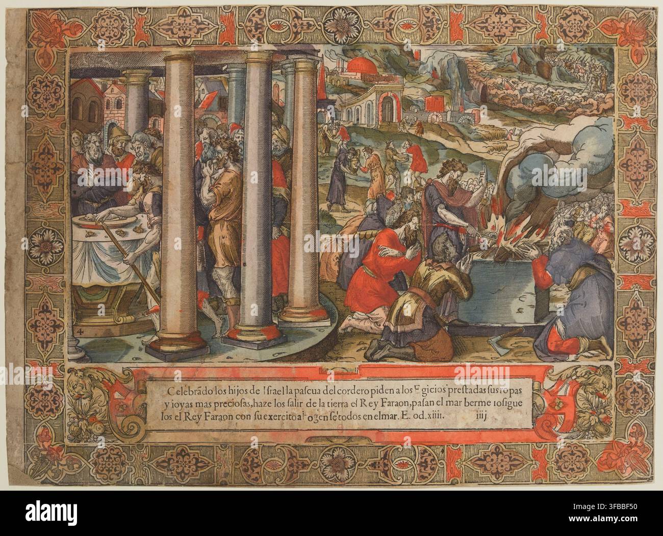 Ein Kupferstich aus dem 16. Jahrhundert, der eine biblische Szene des Exodus darstellt, bei der die Israeliten sich auf das Passah und die Plagen Ägyptens vorbereiten, wie im Buch Exodus beschrieben. Stockfoto