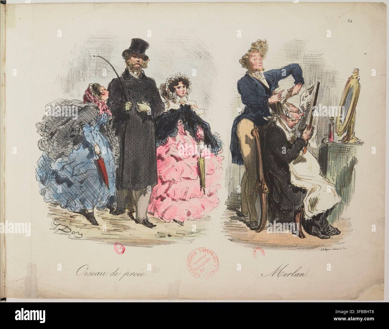 Ein Stich von 1854 von Vignon und Galand, einem Pariser Lithografiestudio, der Menschen in formeller Kleidung zeigt und Text enthält, darunter „Oiseau de proie“ und „Merlan“. Stockfoto