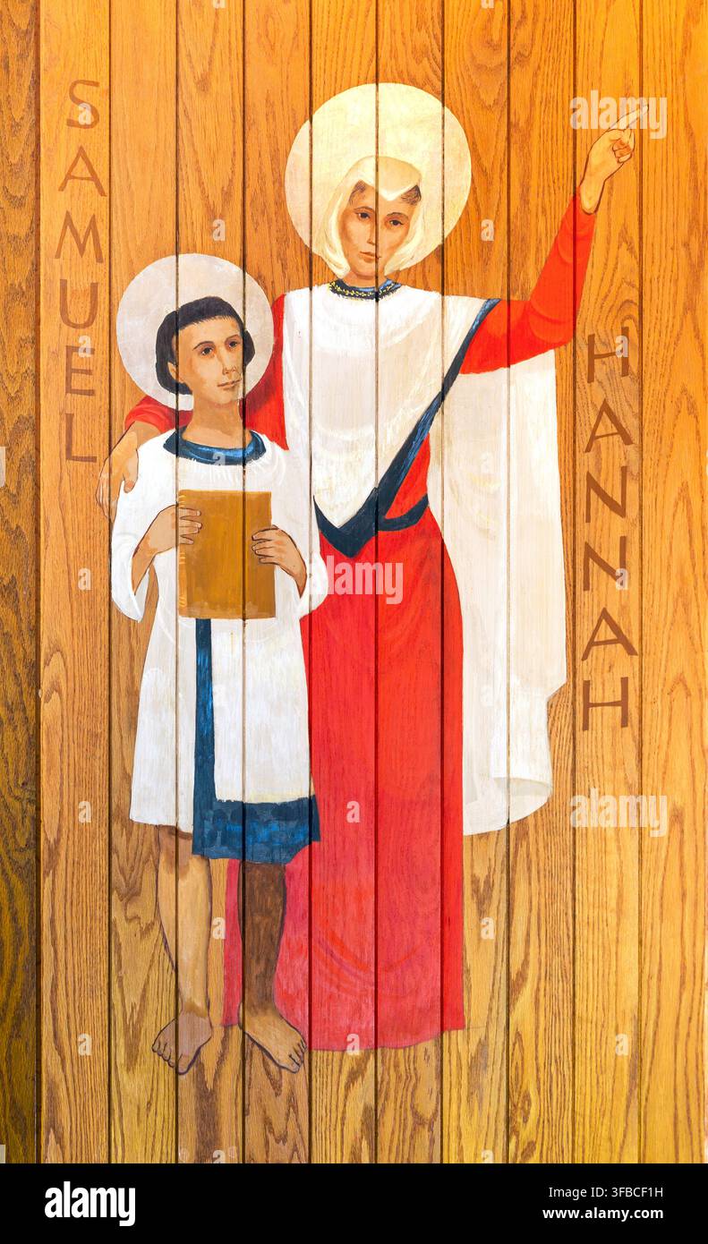 Detail eines Kirchenchorfreskos von 1962, das die biblischen Personen des Propheten Samuel und seiner Mutter Hannah aus dem Alten Testament darstellt. Stockfoto
