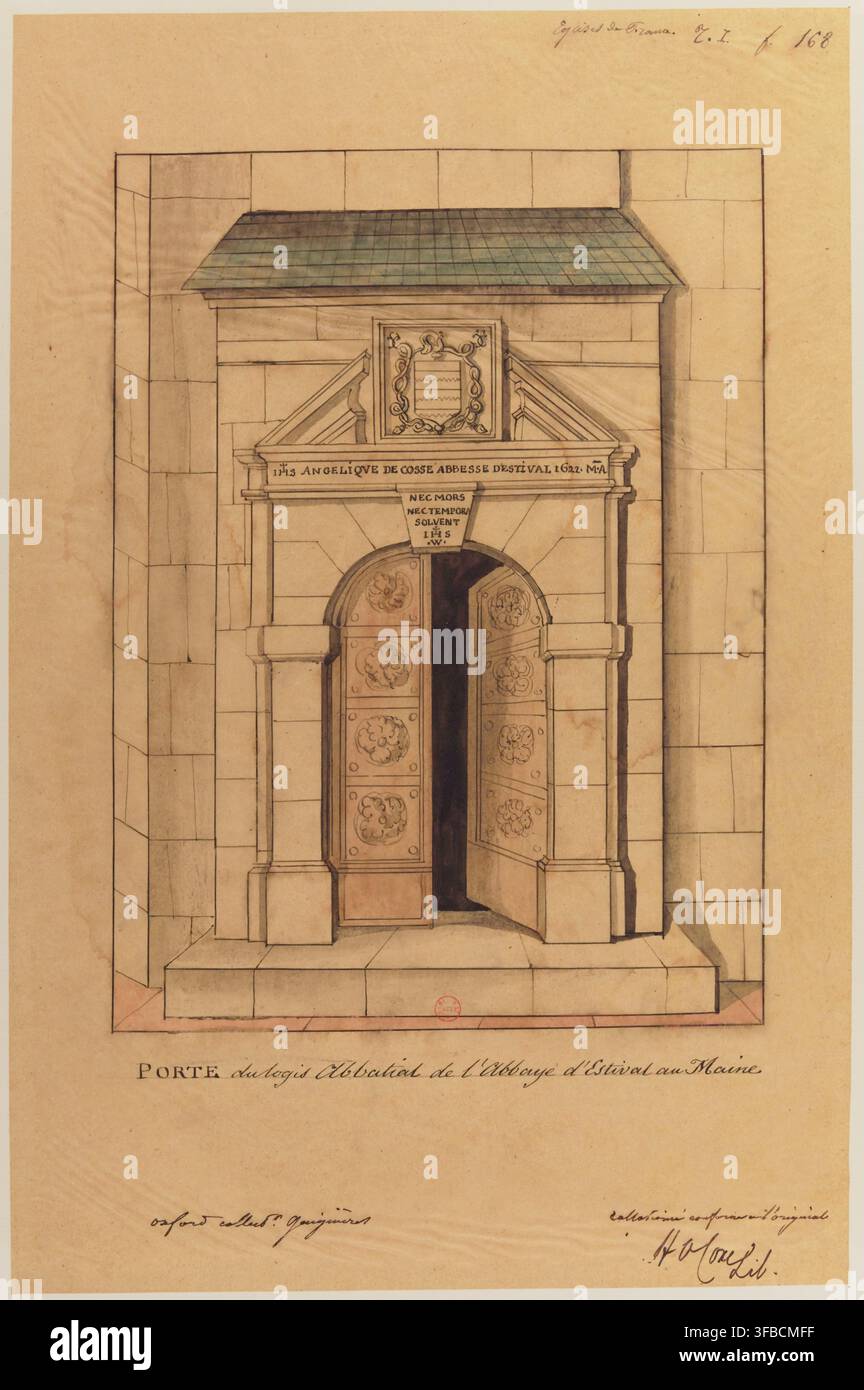 Eine detaillierte architektonische Zeichnung eines Tores, speziell des Abteitores der Abtei Estival in Maine, mit gemeißelten Wappen und Inschriften, einschließlich des Datums 1743 und eines lateinischen Satzes, von H. Moullé, nach dem Original von Angelique de Cose, Äbtissin von Estival. Stockfoto