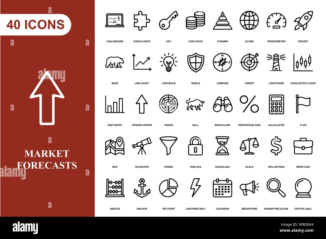 Eine umfassende Sammlung von vierzig Strichzeichnungen-Icons für Geschäfts-, Finanz- und Marktanalyseprojekte. Stock Vektor