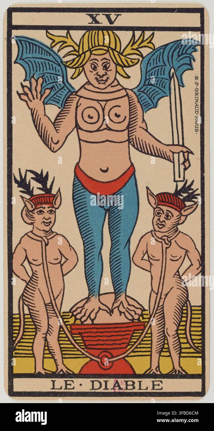 Ein Druck von 1930 einer Tarotkarte, die "Der Teufel" zeigt, veröffentlicht von B.P. Grimaud in Paris. Stockfoto