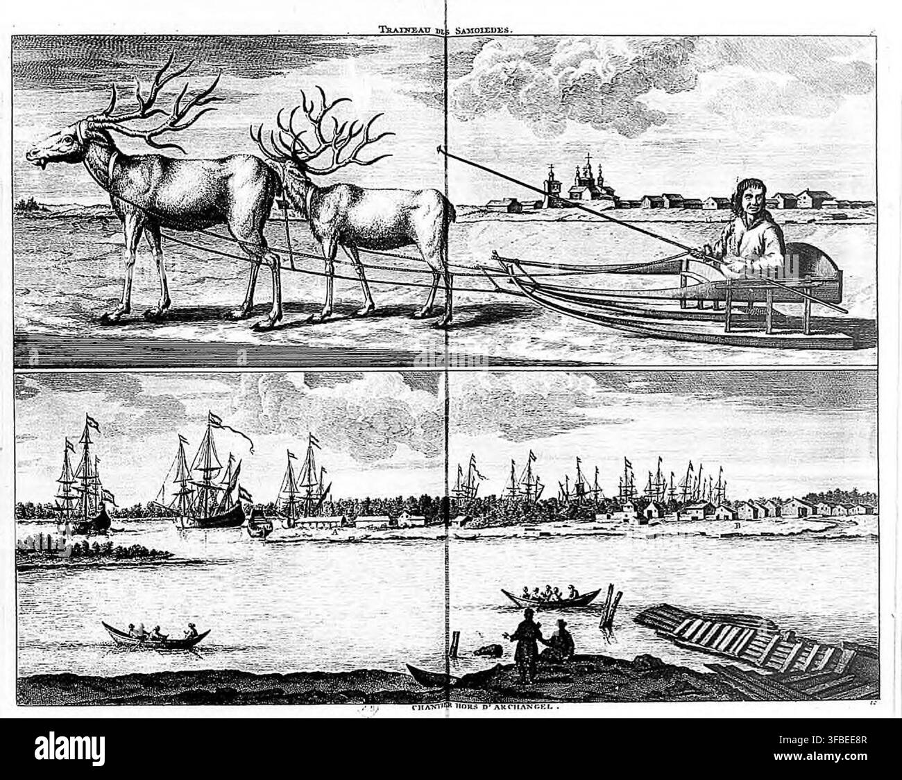 Ein Druck von 1718, der Samojedenschlitten und Schiffe zeigt, mit dem Text „TRINEAU DES SAMOIEDES / CHANTIER HORS D'ARCHANGEI“, der sich auf Russland bezieht und Tier- und Pflanzendarstellungen enthält. Stockfoto