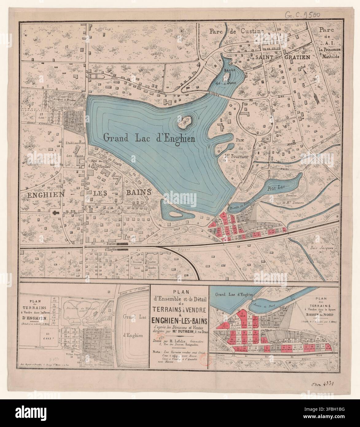 Eine detaillierte Karte von Enghien-les-Bains, Frankreich, aus dem Jahr 1865, die den Lac d'Enghien, umliegende Parks und zum Verkauf stehende Grundstücke zeigt, erstellt von H. Lafolie, einem französischen Geometer. Stockfoto