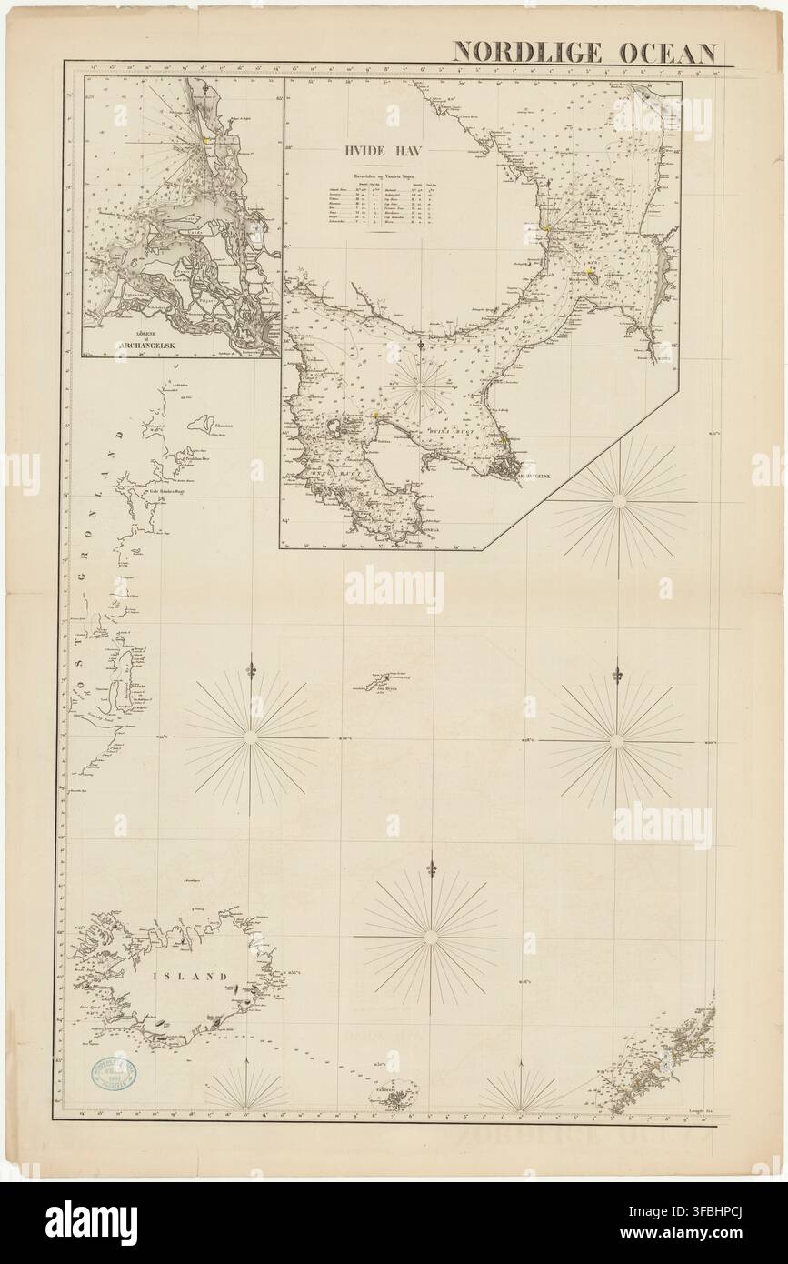 Eine historische Karte der Arktis, einschließlich der Weißen Meeres und der Insel Archangelsk, datiert auf 1860. Stockfoto