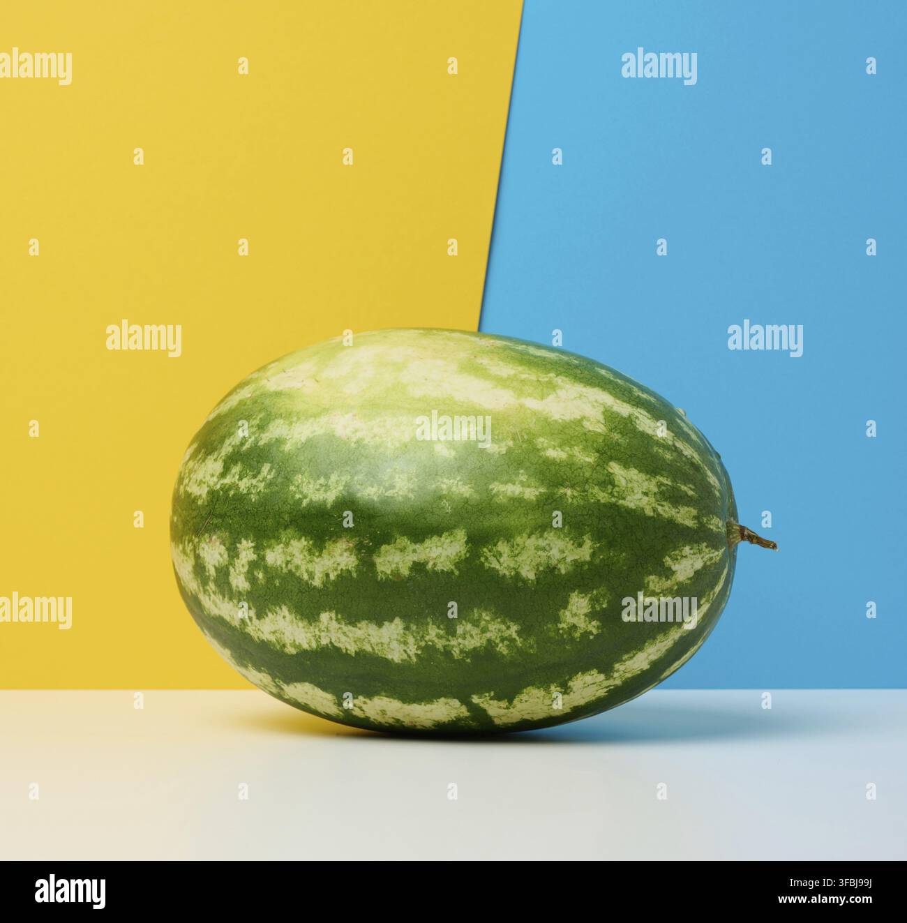 Runde gestreifte grüne Wassermelone auf einem gelb-blauen Hintergrund Stockfoto