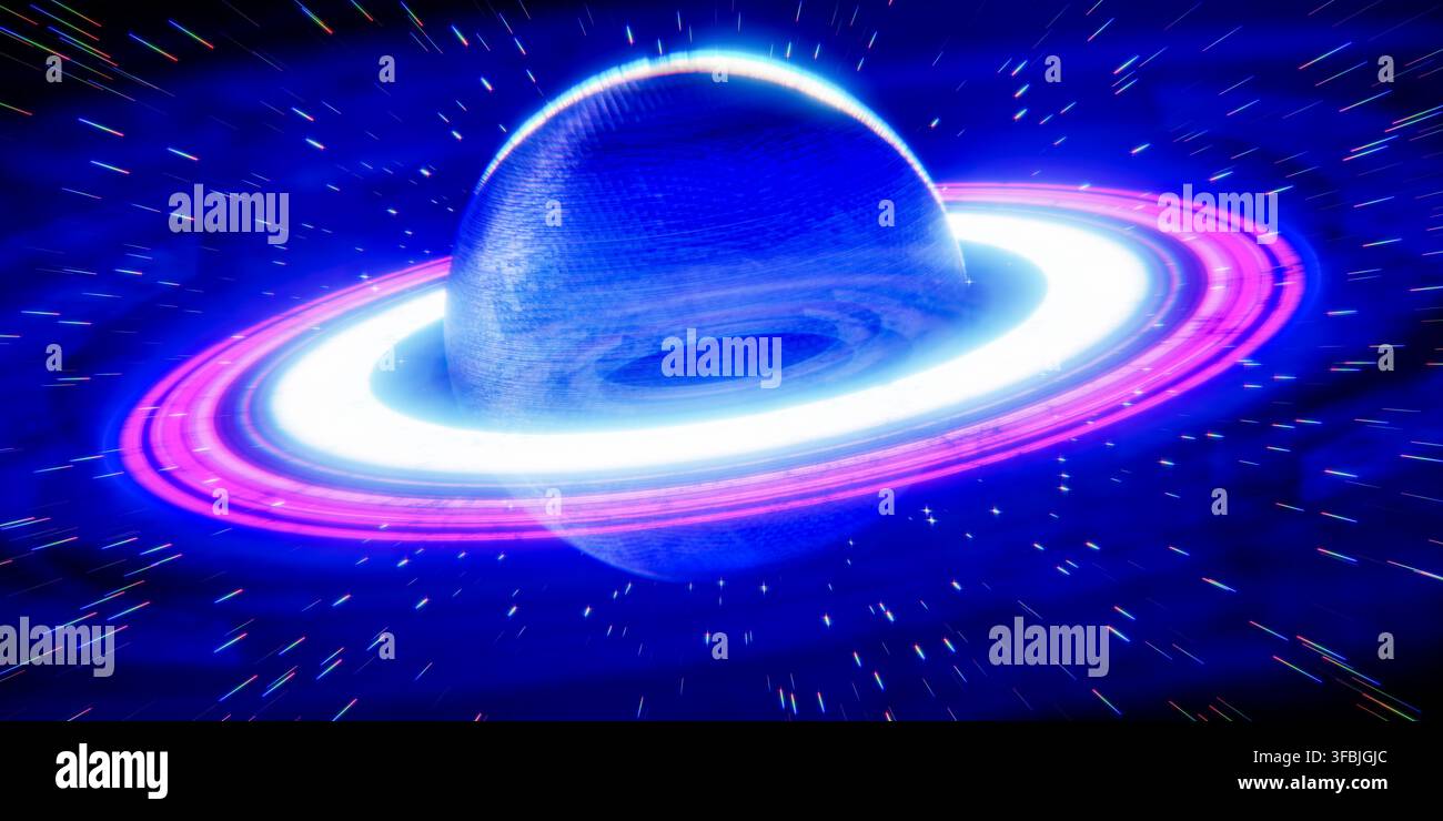 Retro-futuristischer Synthwave-Aesthetic, kinematisches Alien-Kosmos-Konzept, dynamischer Hyperraum-Bewegungsunschärfe, farbenfroher Cyberpunk-Astronomie-Hintergrund, surreal Stockfoto