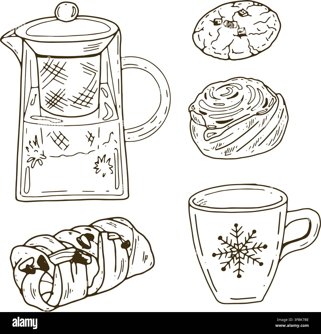 Tee-Ei, Teetasse und verschiedene Gebäckillustration mit dekorativen handgezeichneten Details, geeignet für Verpackungen, Speisekarten, Café-Branding, Rezepte, Etikett Stock Vektor