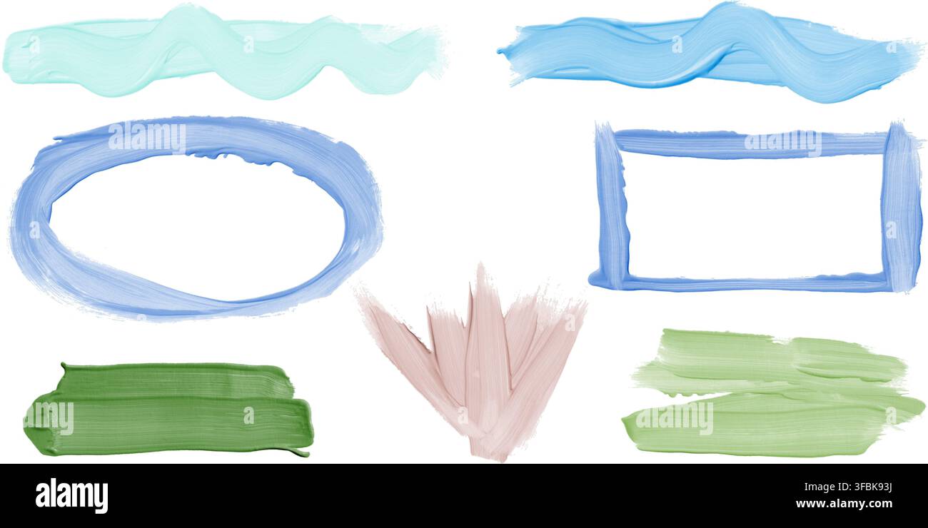 Bunte pastellfarbene Aquarellpinselstriche Rahmen und Farbmuster isoliert auf weißem Hintergrund Stockfoto