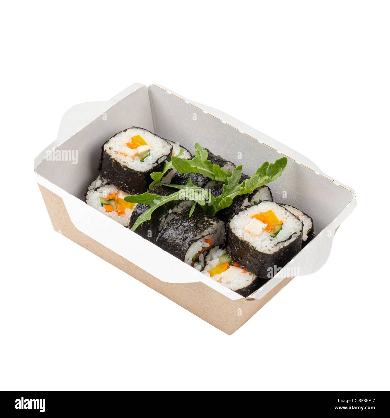 Vegetarische Futomaki-Sushi-Rollen in einer Pappschachtel Stockfoto