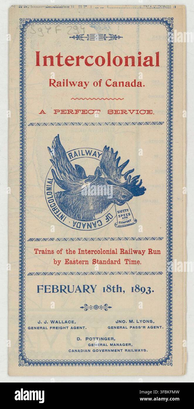 Eine Anzeige von 1893 für die Interkoloniale Eisenbahn von Kanada. J. Wallace, Generalpassagieragent Jno. M. Lyons und Generaldirektor D. Pottinger. Stockfoto