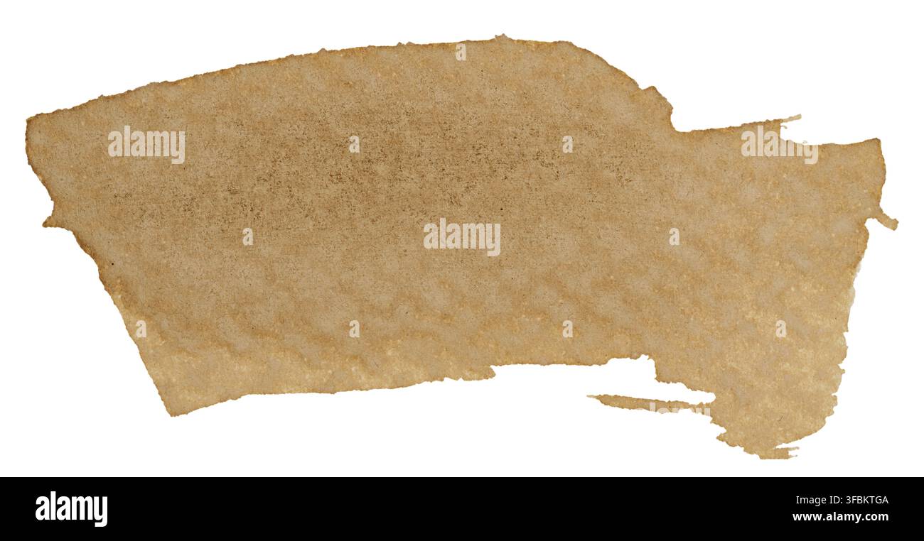 Länglicher brauner Kaffeefleck auf Papier, isolierter Hintergrund Stockfoto