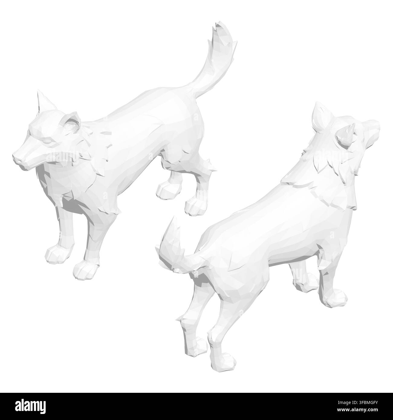 Zwei niedrige polygonale Hunde stehen zusammen auf einem reinweißen Hintergrund. Ihre geometrischen, papierenen Formen schaffen eine saubere und moderne stilisierte Illustration. Stock Vektor