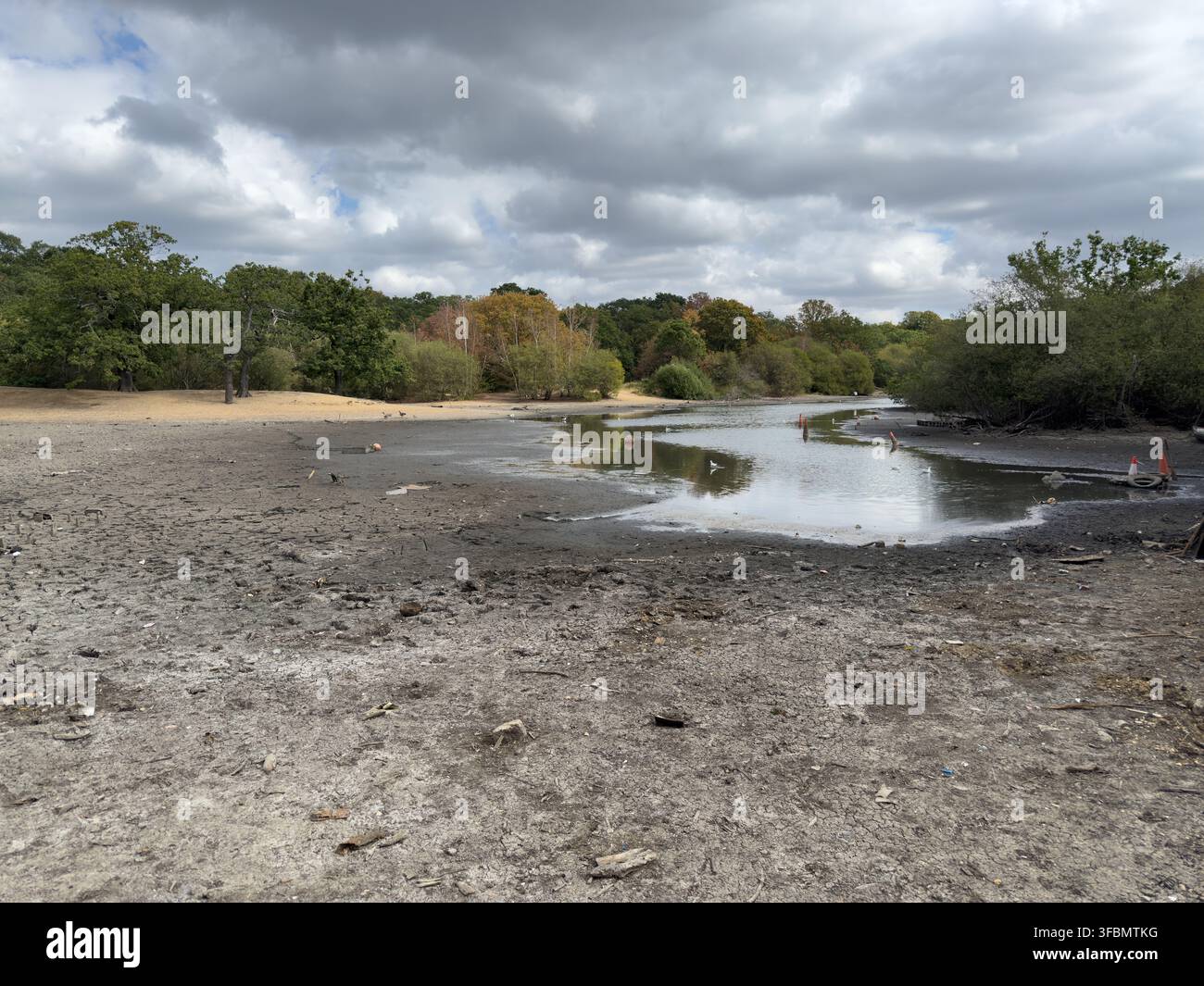 Hollow Ponds, Leyton Flats, Walthamstow, liegt nach einer Sommerhitzewelle fast trocken und verhindert die Nutzung des beliebten Bootsbereichs. - Smartphone-aufgenommenes Stockfoto