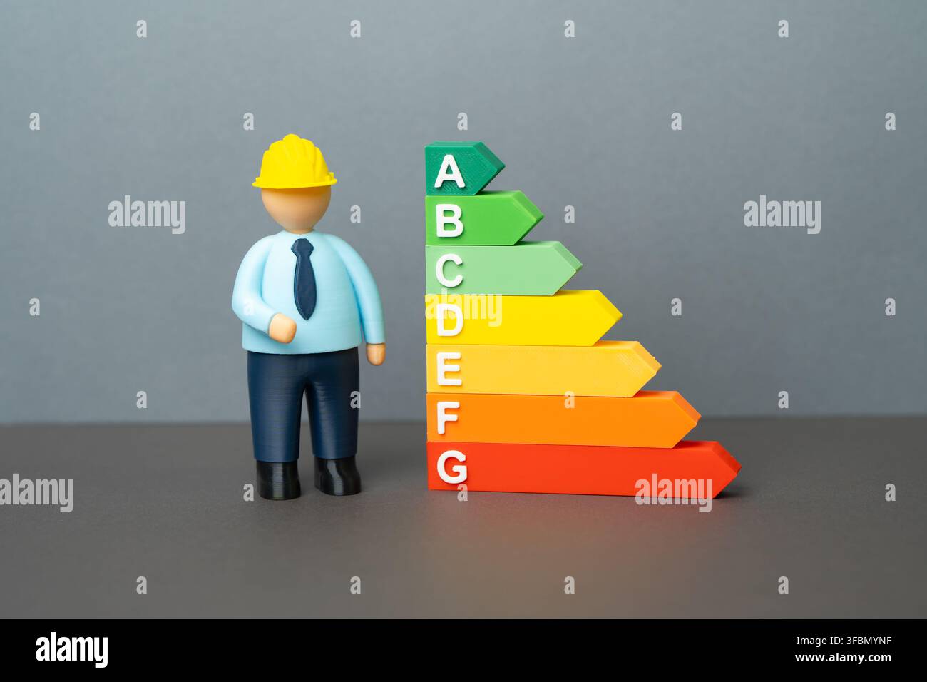 Bauingenieur und Energiesparskala. Rangliste für Bau- und Arbeitssicherheit. Leistungsbewertungen unterstützen die Qualitätskontrolle und Stockfoto
