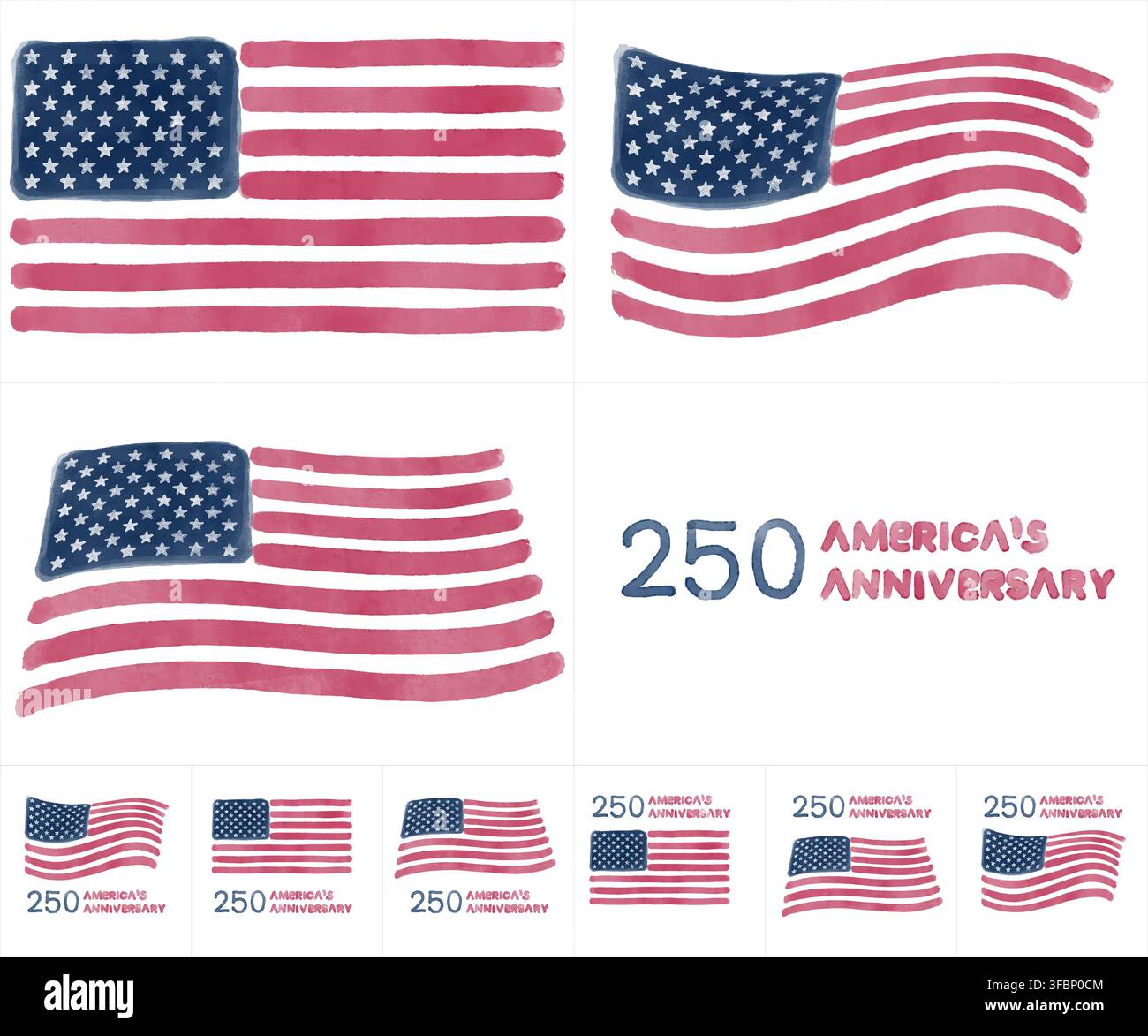 Aquarell-USA-Flaggen-Set, handgezeichnete Vektorillustration, isoliert auf weißem Hintergrund. Sammlung nationaler Symbole zum 250. Jahrestag Amerikas. Stock Vektor