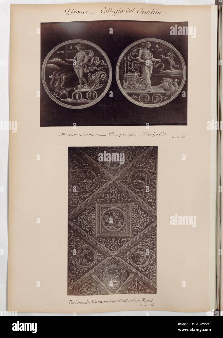 Ein Druck, der das Collegio del Cambio in Perugia, Italien, zeigt, mit einem Deckenfresko von Raffael, zwei runden Medaillons und Inschriften darunter "Mercuvrius" und "Venus", Teil einer Serie von Ansichten italienischer Städte, darunter Perugia, Assisi, Siena, Florenz und Pisa, datiert zwischen 1872 und 1890. Stockfoto