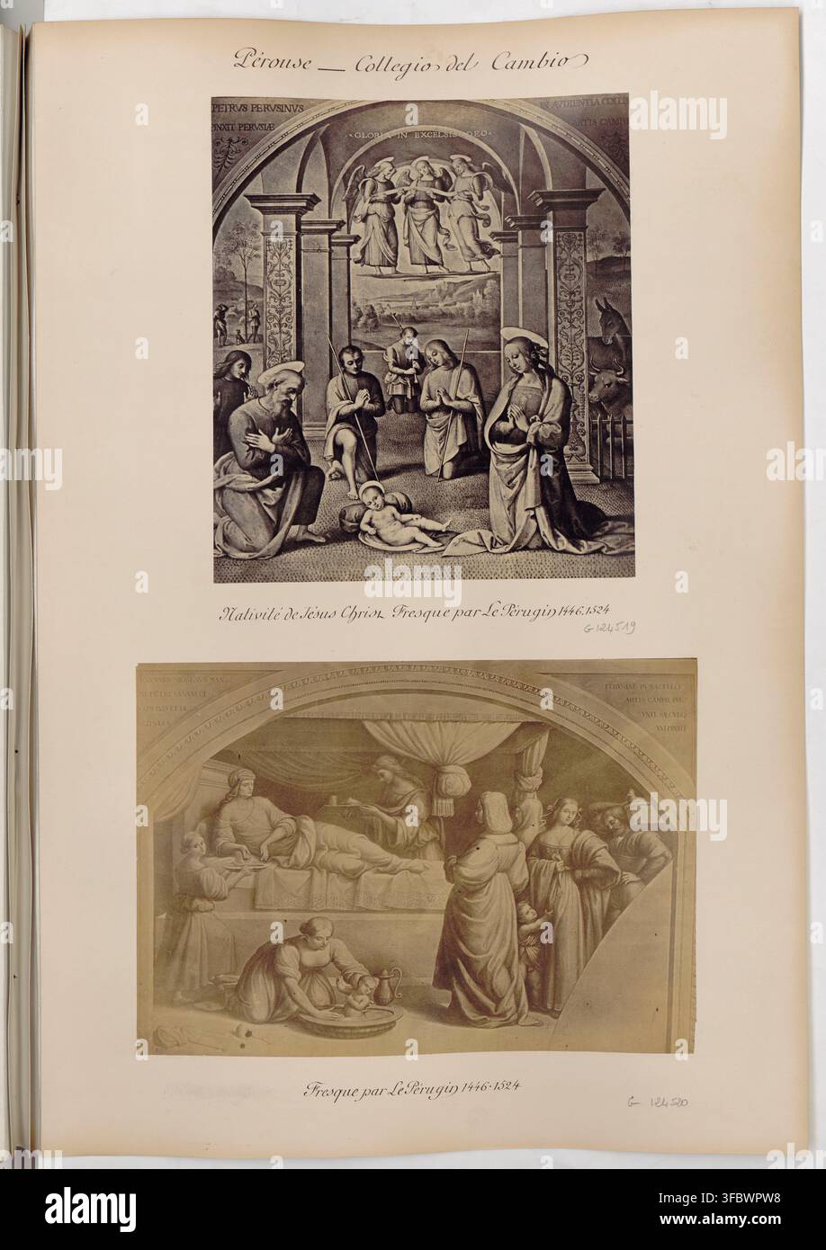 Ein Druck, der das Collegio del Cambio in Perugia, Italien, mit Fresken von Pietro Perugino zeigt, darunter die Geburt Jesu Christi, entstanden zwischen 1872 und 1890. Stockfoto