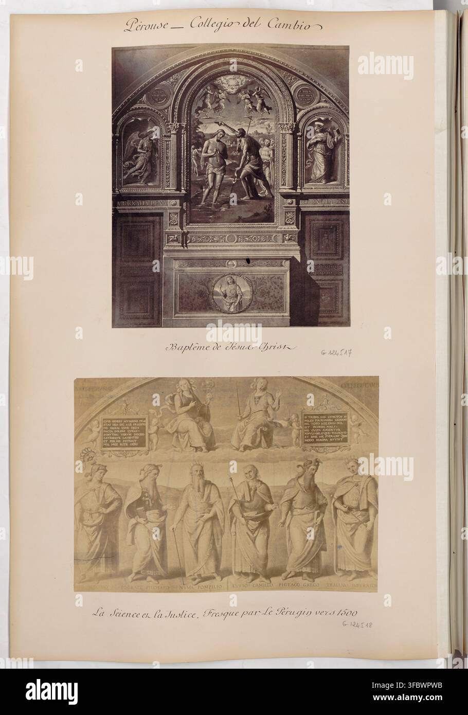 Ein Druck mit zwei Illustrationen von religiösen Fresken, darunter „Baptême de Jésus-Christ“ und „La Science et la Justice“ von Le Perugino, um 1500, aus einer Serie mit dem Titel „Pérouse, Assise, Sienne, Florence, Pise“, datiert zwischen 1872 und 1890. Stockfoto