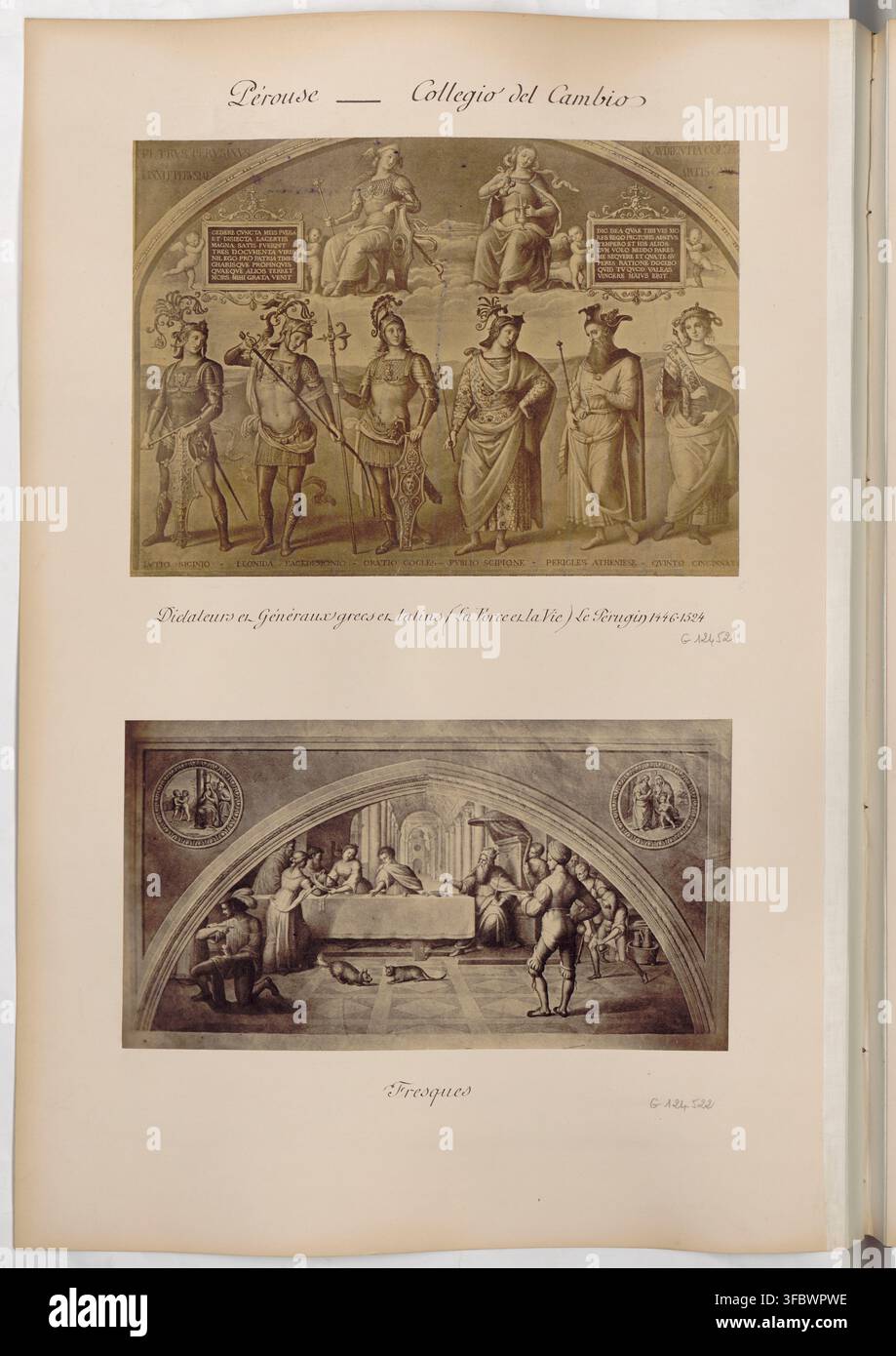 Ein Druck mit Fresken im Collegio del Cambio in Perugia, Italien, geschaffen von Il Perugino, 1446-1524, der klassische Figuren und Szenen zeigt, die Stärke und Leben repräsentieren, aus einer Reihe von Ansichten italienischer Städte einschließlich Perugia, Assisi, Siena, Florenz und Pisa. Stockfoto