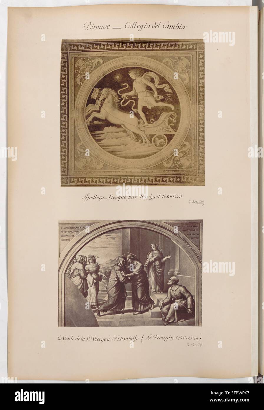 Ein Druck, der zwei Fresken zeigt, eines von Raffael und das andere von Perugino, im Collegio del Cambio in Perugia, Italien, mit Szenen von Apollo, dem Besuch der Jungfrau bei der heiligen Elisabeth, geschaffen von den italienischen Künstlern Raffael, 1483-1520, und Perugino, 1446-1524. Stockfoto