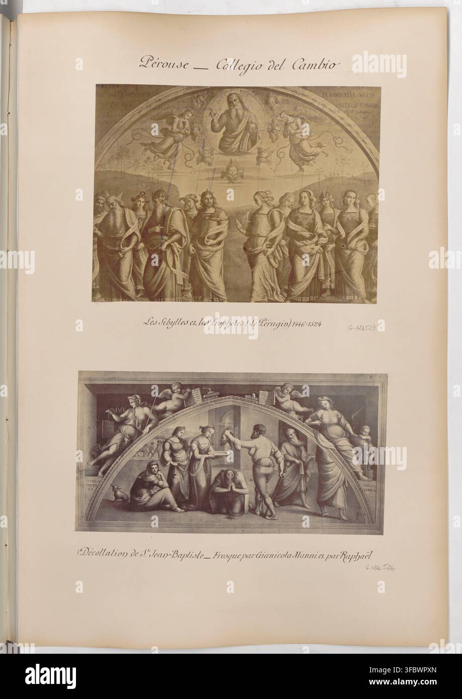 Ein Druck, der zwei Fresken zeigt, Les Sibylles et les Prophètes und Décollation de St Jean-Baptiste, aus dem Collegio del Cambio in Pérouse, Italien, geschaffen von Gianicola Manni und Raffael, dargestellt in einer Szene vom 15. bis 16. Jahrhundert, in einer Sammlung von Stadtlandschaften und architektonischen Ansichten italienischer Städte, darunter Pérouse, Assise, Sienne, Florenz und Pise, datiert zwischen 1872 und 1890. Stockfoto