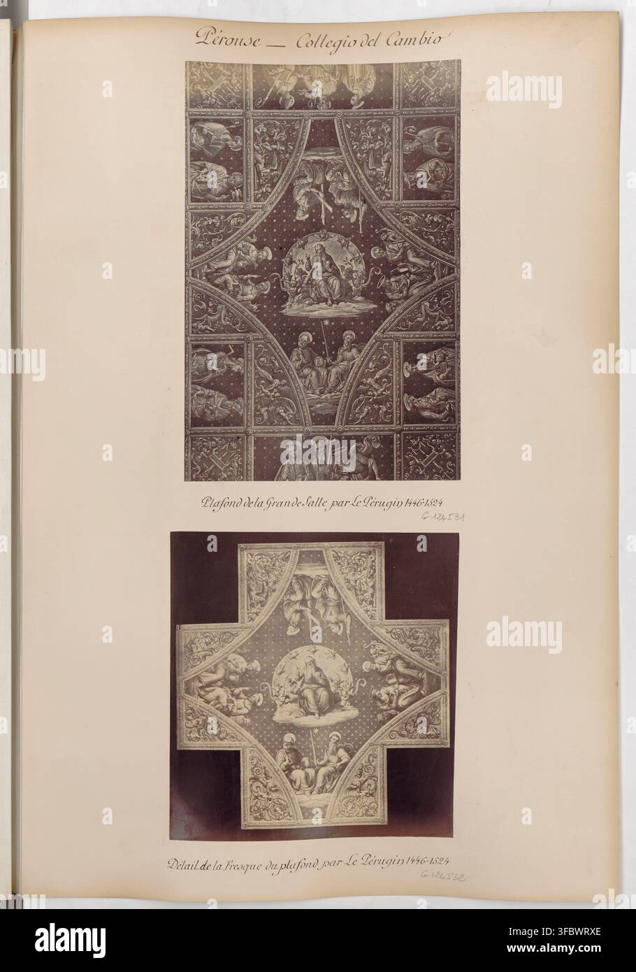 Drucke von Deckenfresken von Le Perugin, Italien, entstanden zwischen 1446 und 1524, aus einer Bildersammlung, die Stadtlandschaften und architektonische Ansichten italienischer Städte zeigt, darunter Perugia, Assisi, Siena, Florenz und Pisa, datiert zwischen 1872 und 1890. Stockfoto