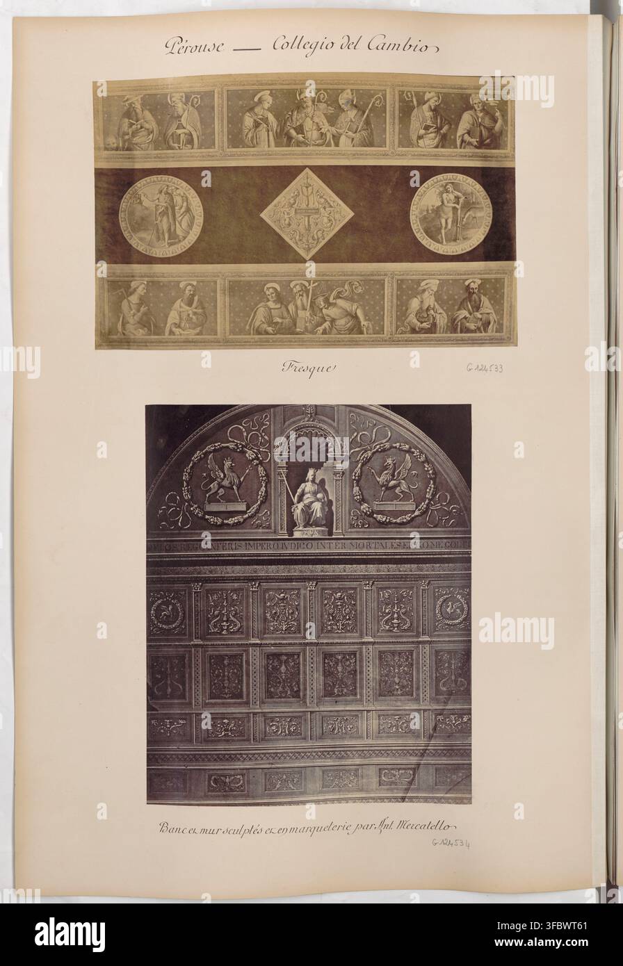 Das Collegio del Cambio in Perugia, Italien, mit Fresken und geschnitzten Paneelen, darunter Werke von Ant. Mercatello, in einem Foto aus dem späten 19. Jahrhundert. Stockfoto
