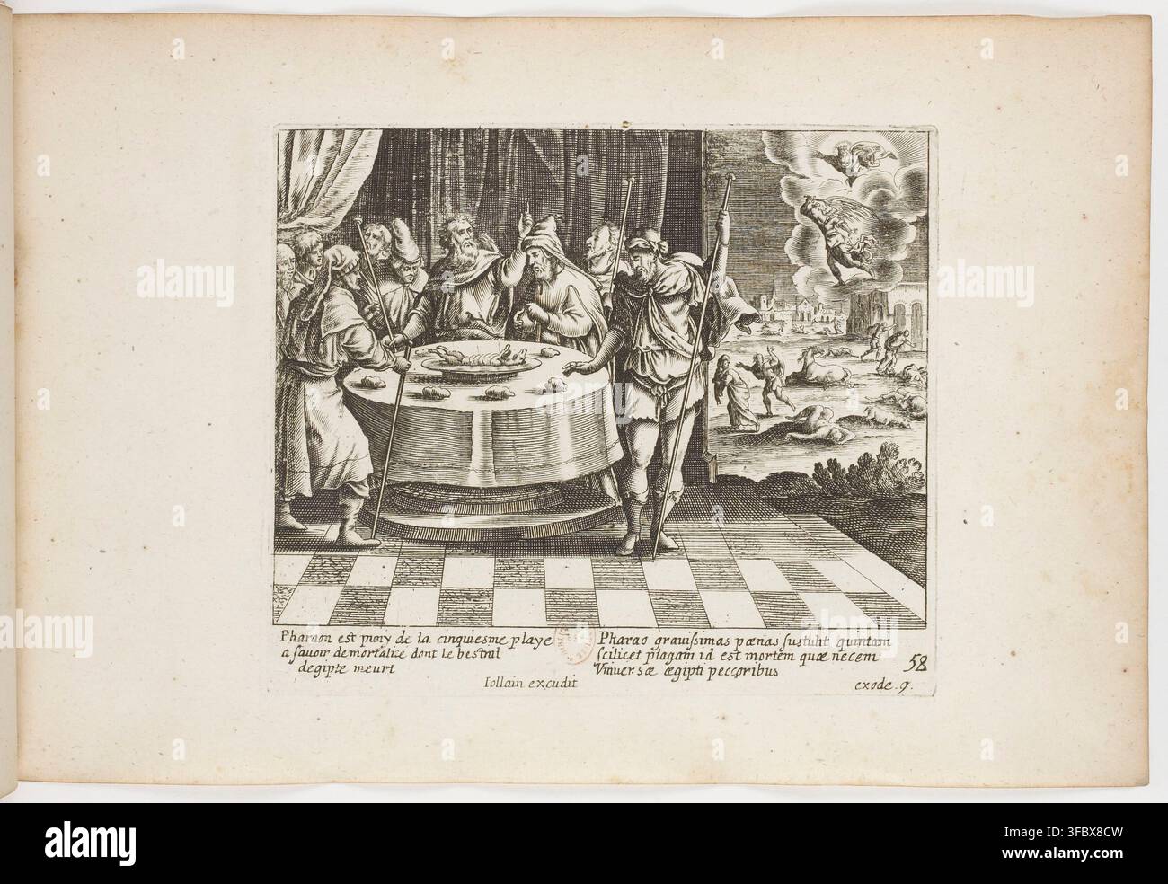 Ein Kupferstich aus dem 17. Jahrhundert, der eine biblische Szene darstellt, genauer gesagt die fünfte Plage Ägyptens, mit Figuren um einen Tisch herum, wie im Buch Exodus beschrieben. Stockfoto