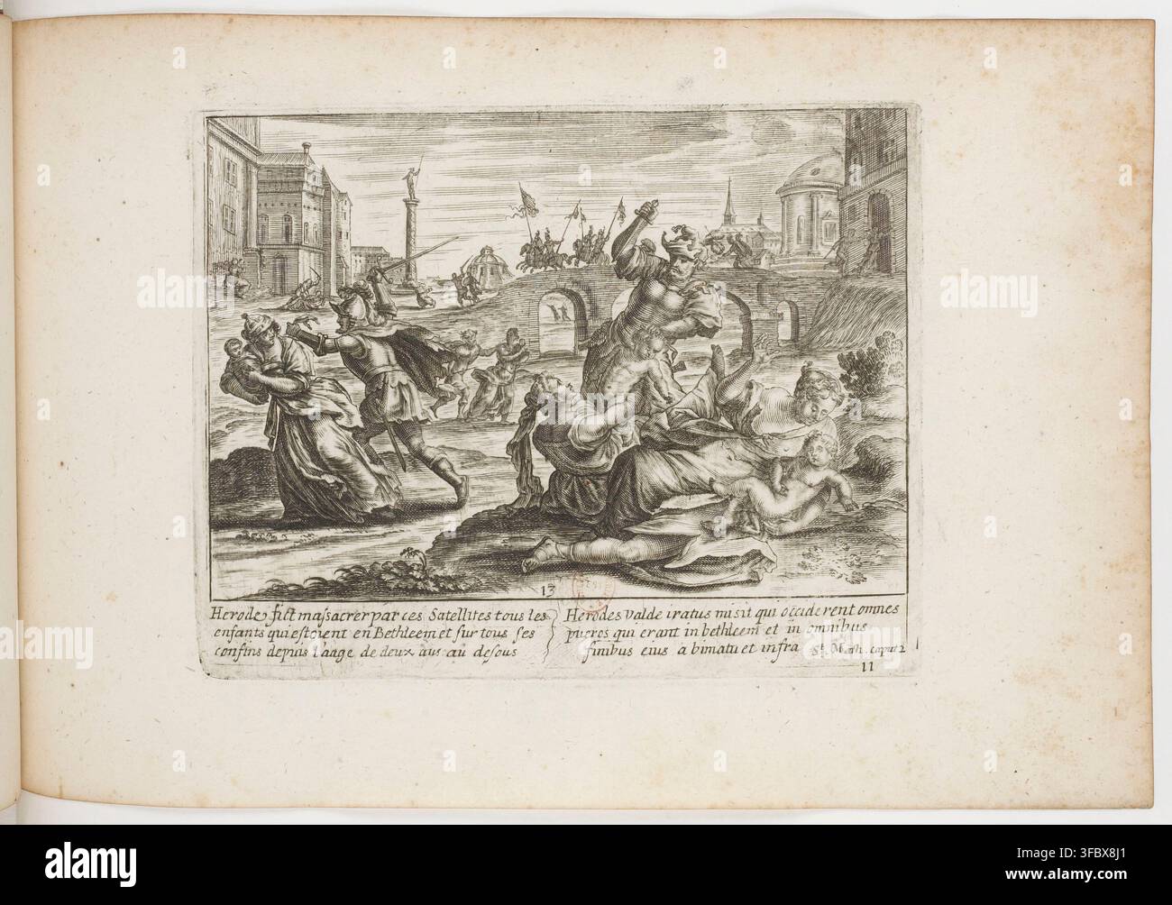 Ein Kupferstich aus dem 17. Jahrhundert, der das Massaker der Unschuldigen darstellt, eine biblische Szene, in der die Soldaten des Herodes Säuglinge in Bethlehem töten, mit einer Stadtlandschaft im Hintergrund, wie in Matthäus 2 beschrieben. Stockfoto