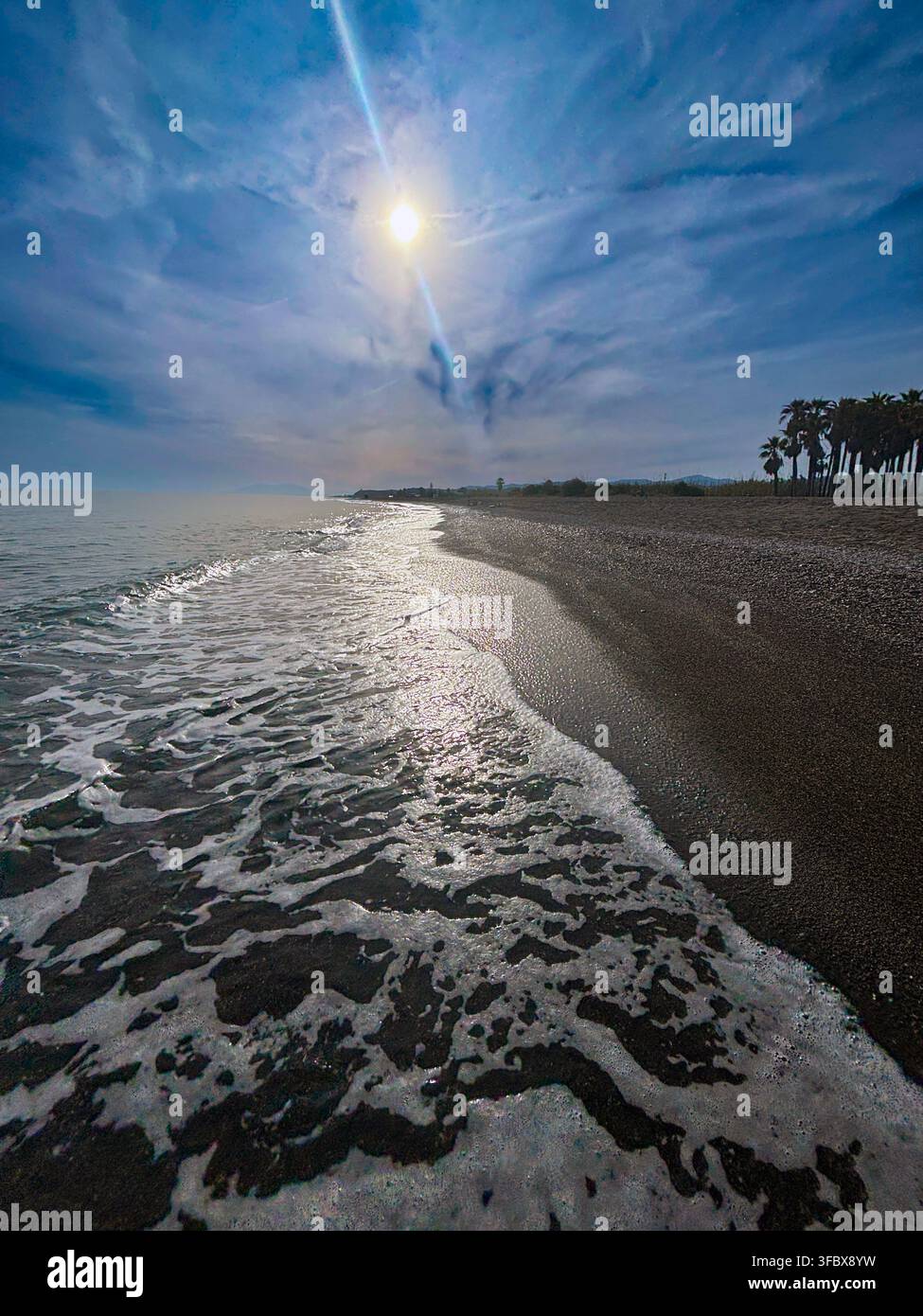 Mondlicht glitzert auf Ozeanwellen, die auf einen dunklen Kiesstrand krachen. Der Himmel wirbelt mit feinen Wolken, der helle Mond dominiert den Horizont. Ferne Bäume säumen den Strand Stockfoto