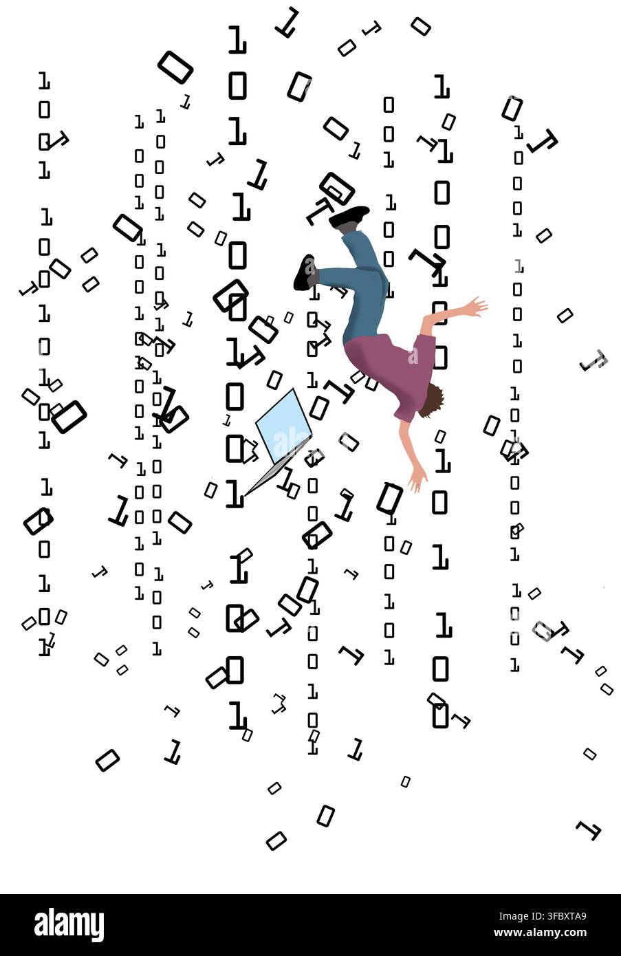 Ein Mann und sein Laotop fallen mit digitalen Einsen und Nullen, als sein Computer abstürzt. Computerausfall ist das Thema dieser 3D-Illustration. Stockfoto