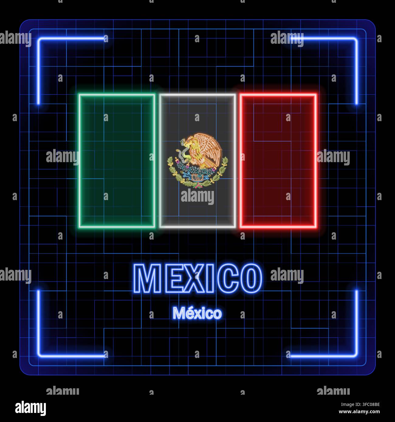 Mexiko-Flaggen-Symbol. Tech-Cyber-Daten-Konzept, bearbeitbare Striche-Flaggen-Sammlung, helles Neon-Design. Stock Vektor