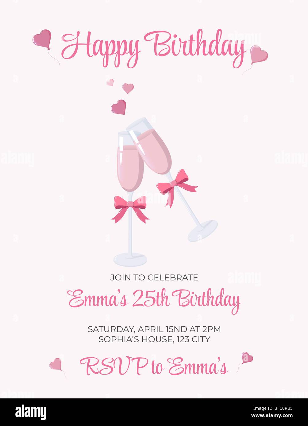 Geburtseinladungskarte mit zwei Champagnergläsern, die mit rosa Schleifen und Herzballons dekoriert sind, die den 25. Geburtstag von Emma ankündigen Stock Vektor