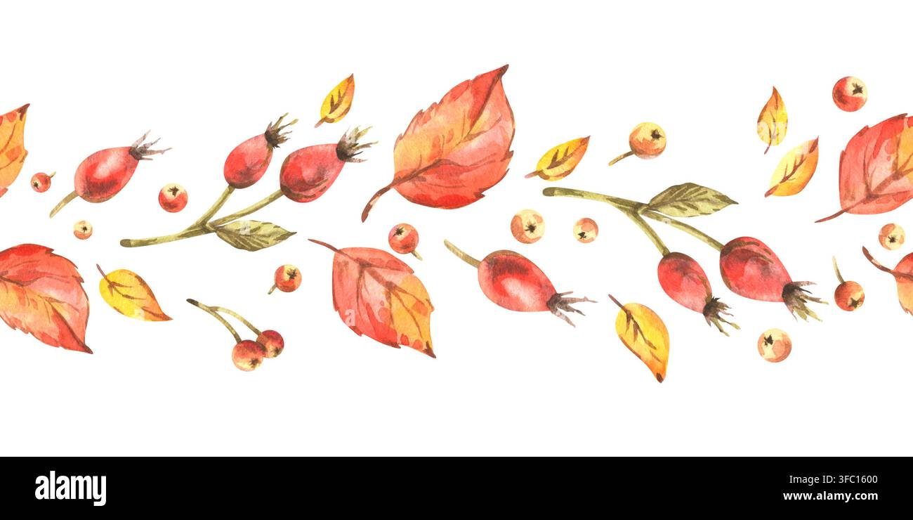 Handgemaltes Aquarell-Herbstmuster mit Blättern, Beeren und botanischen Ästen. Saisonaler Erntehintergrund mit Kopierraum für Black-Friday-Angebote Stockfoto
