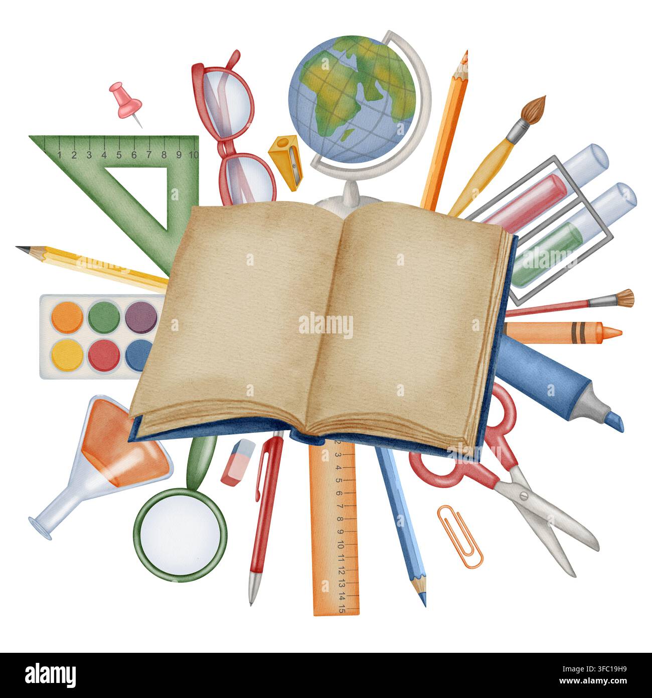 Aquarell-Willkommensbanner zur Rückschulung mit offenem Buch, umgeben von verschiedenen Schulsachen. Perfekt für Bildungsbanners, Herbstposter, Rückschulung p Stockfoto
