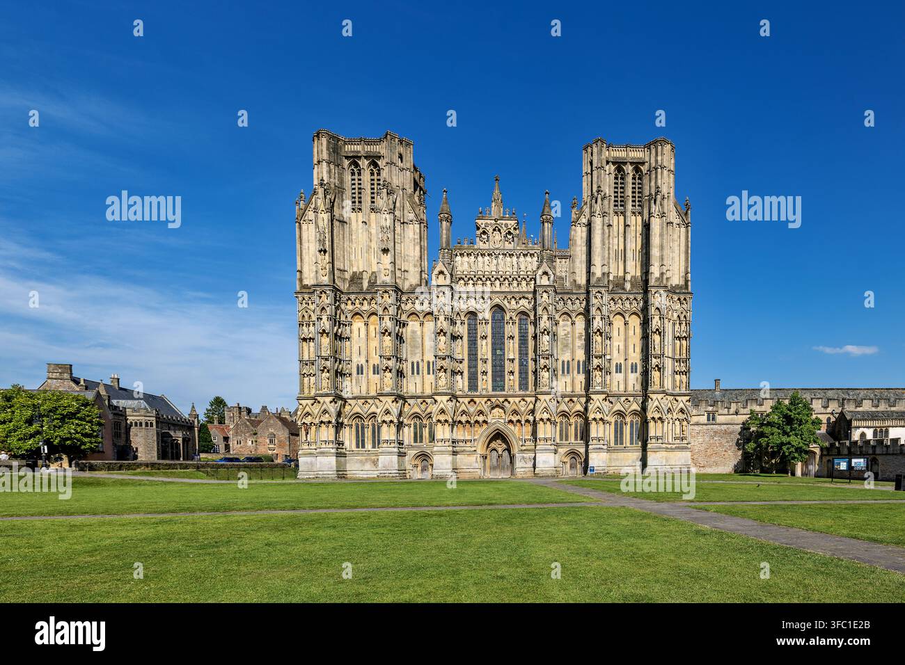 Majestische Vorderansicht der Kathedrale von Wells in Somerset in England an einem hellen Sommertag mit üppigem grünem Rasen im Vordergrund. Stockfoto