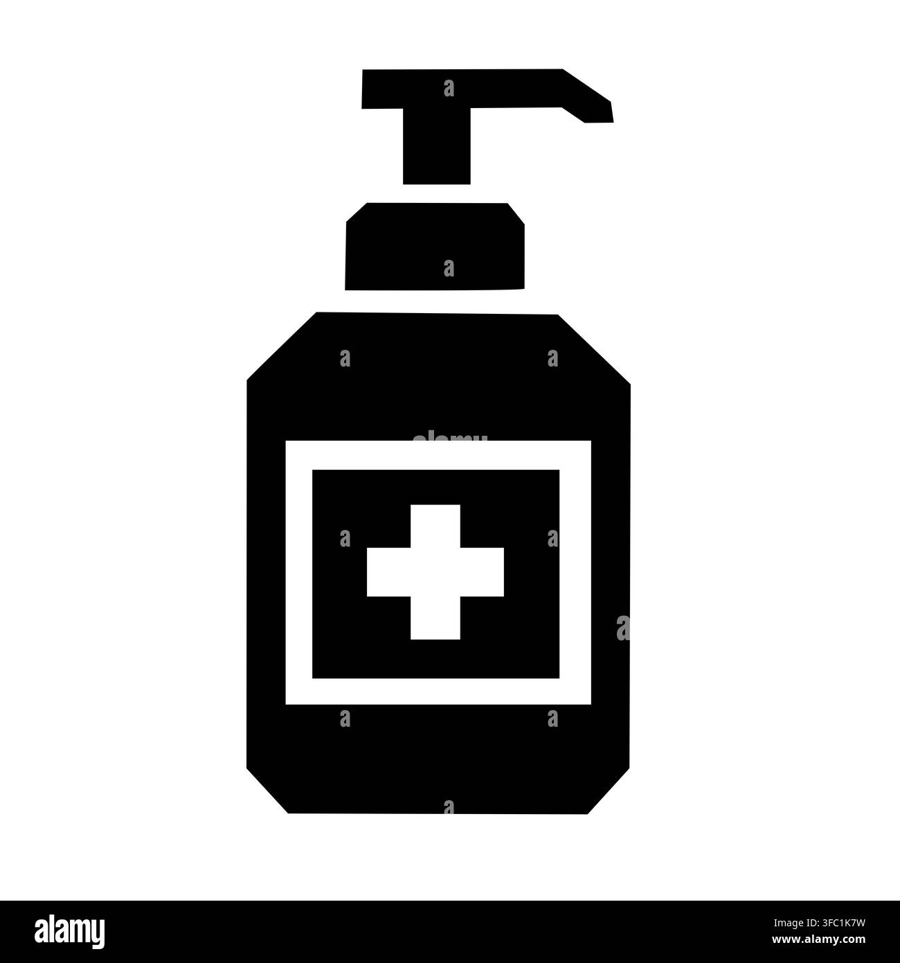 Minimale schwarz-weiße geometrische Illustration einer Handdesinfektionsflasche mit medizinischem Kreuz, geeignet für Hygiene, Gesundheitswesen, Sauberkeit und Reisen Stockfoto