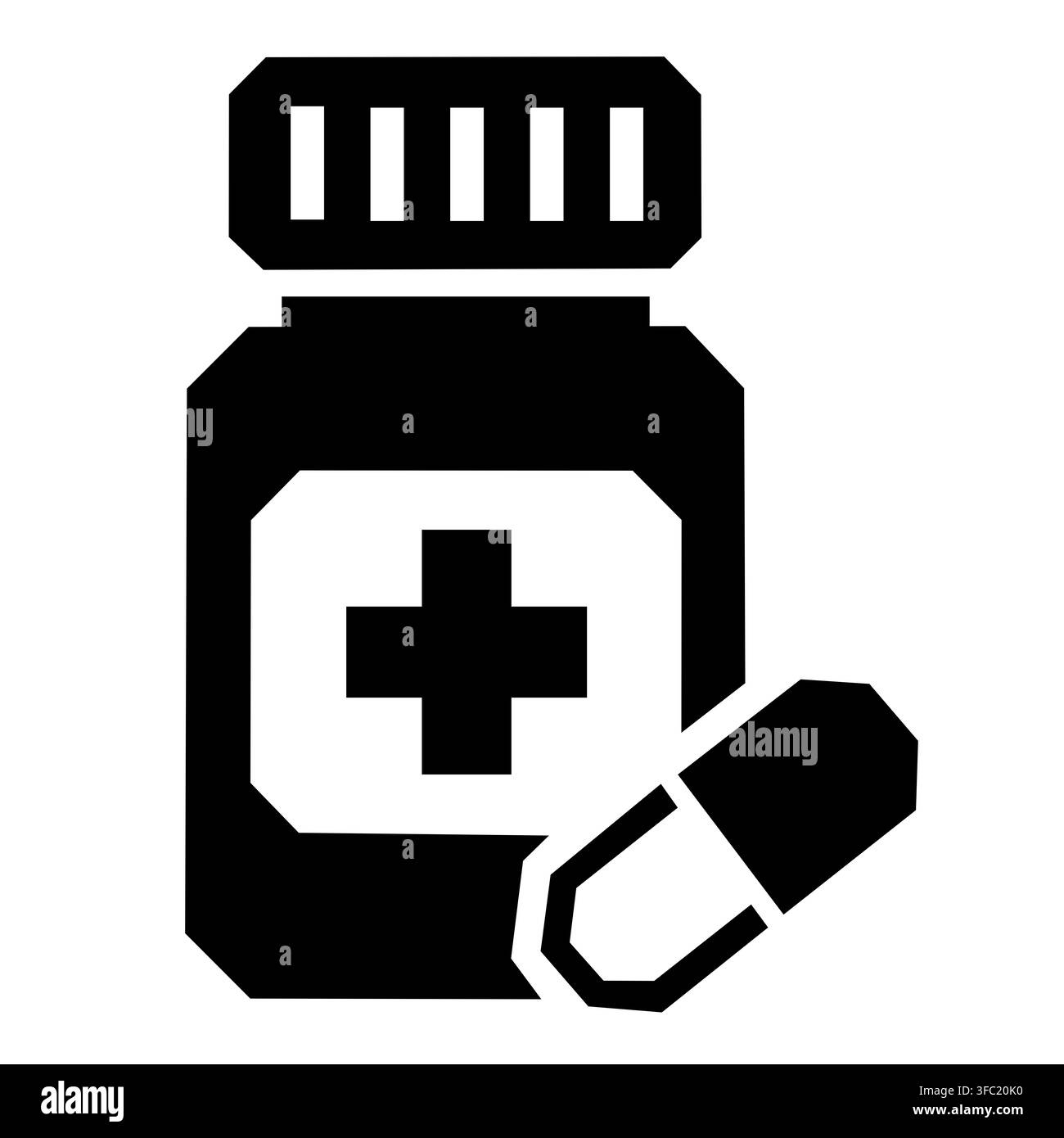 Minimale schwarz-weiße geometrische Illustration einer Medicineflasche mit Kapsel, geeignet für Medikamente, Apotheke, Gesundheitswesen, Reisemedizin und f Stockfoto