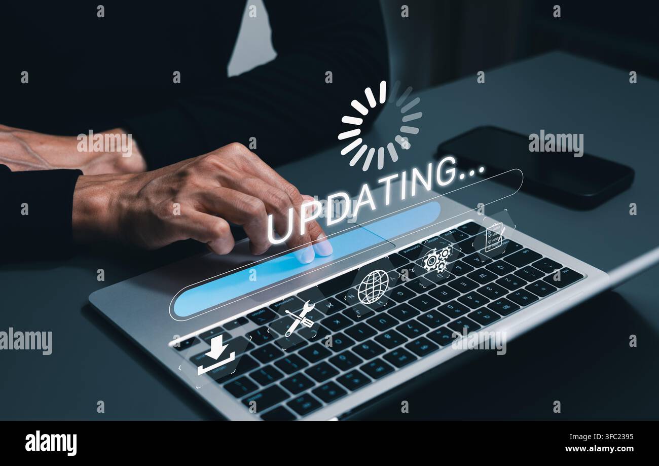 Aktualisierung des Technologiekonzepts für Softwareanwendungen. Software-Update oder Betriebssystem, Patch-Update, Fortschrittsanzeige aktualisieren, App-Patch installieren, Stockfoto