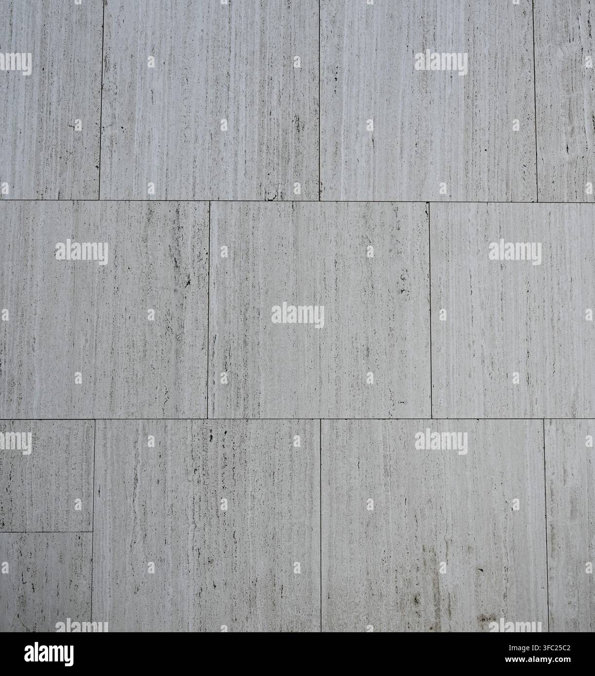 Vertikale Fertigbetonplatten mit schwarzen Sprenkeln, grauen Bändern, heller Maserung und Richtungsbändern mit dünnen schwarz gefüllten Nähten Stockfoto