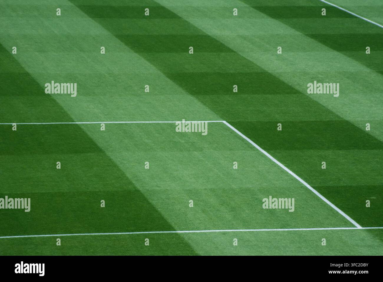 Diagonale weiße Grenzlinie über lebendig grünen gestreiftem Rasen auf einem professionellen Fußballplatz in einem internationalen Stadion. Stockfoto