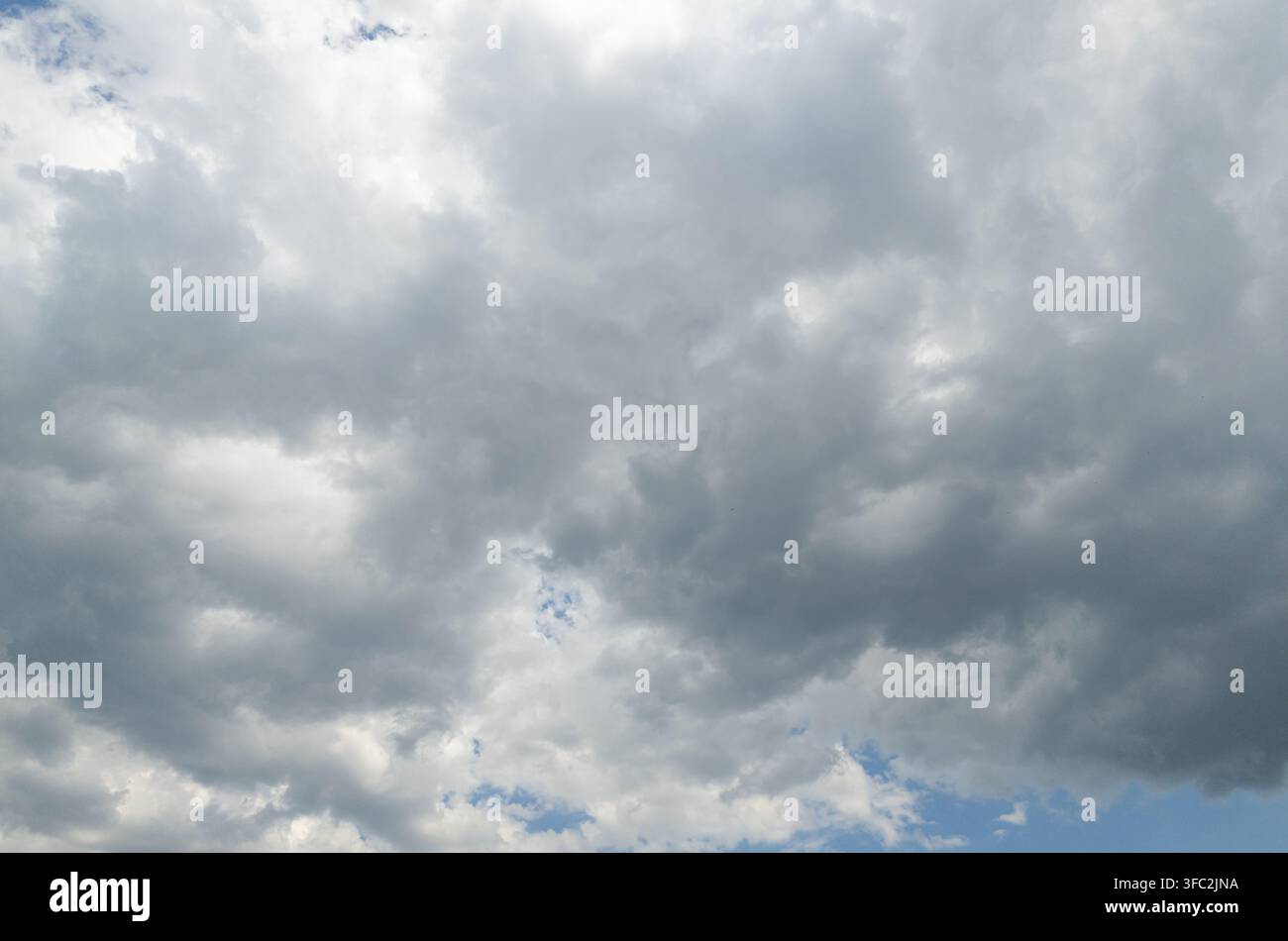 Eine weite Ausdehnung von dramatischen grauen und weißen Sturmwolken, die den Himmel füllen und eine düstere, nachdenkliche und kraftvolle natürliche Atmosphäre schaffen. - Smartphone-aufgenommenes Stockfoto