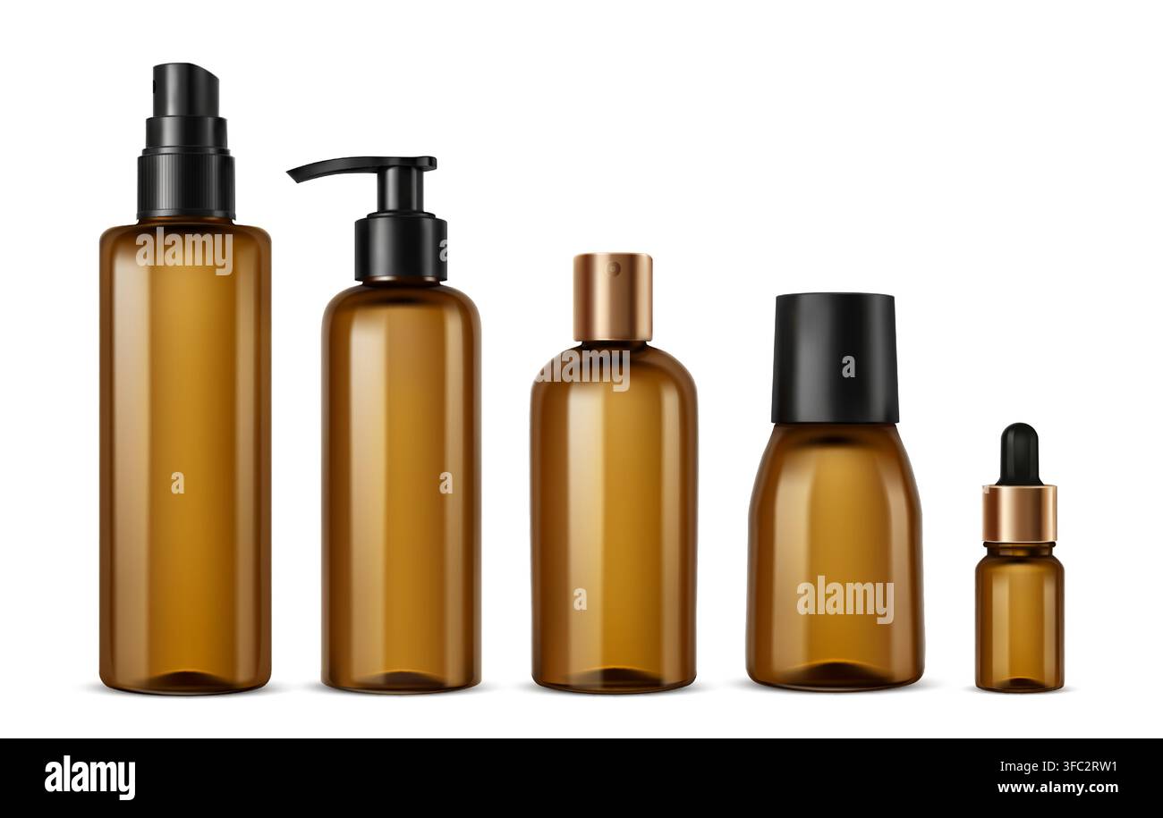 Realistischer brauner kosmetischer Glasflaschenkoffer mit Pumpen-, Sprüh- und Tropfengefäßen, braune Glasverpackungen für Hautpflege als Vektormockups für Serum, Lotion und Öl. Stock Vektor