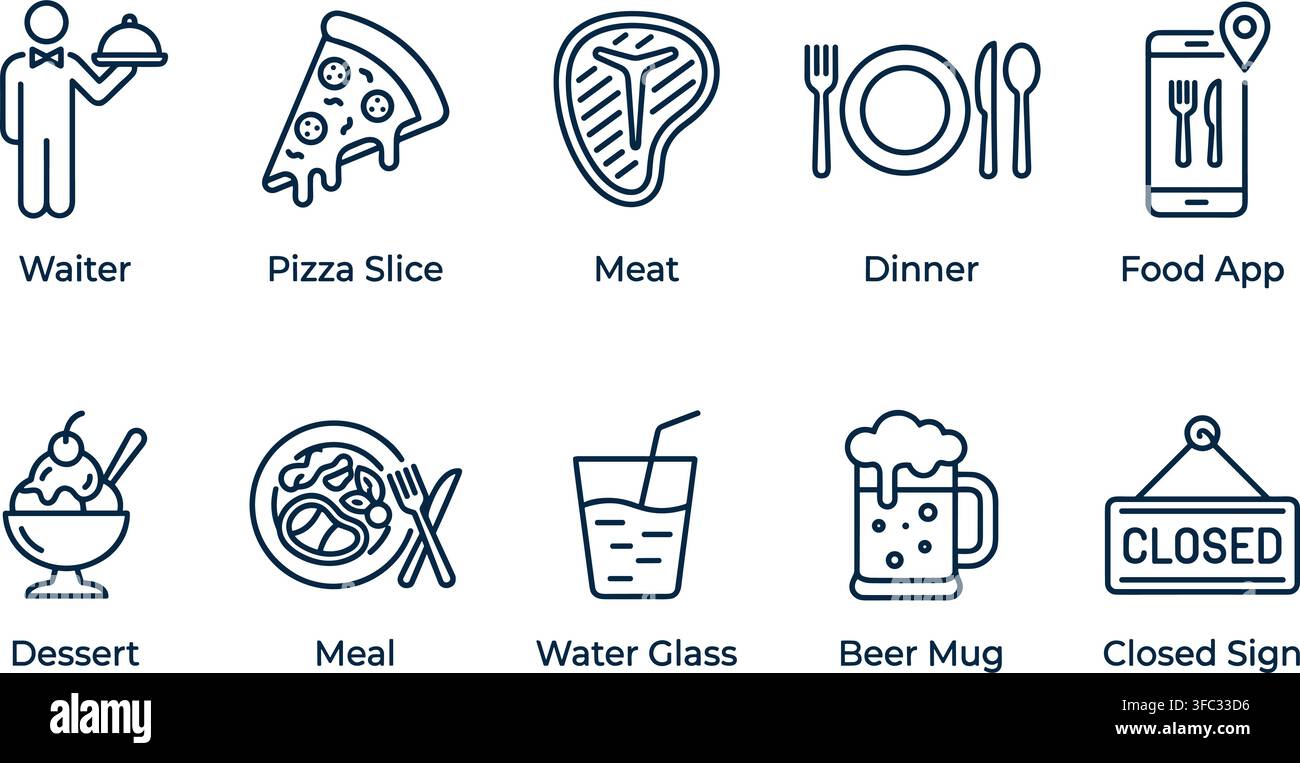 Gourmet-Essens-Ikonen mit Kellner-Pizzaschnitt-Fleisch-Dinner-Service und Bierkrug für Restaurant-Menüdesign-Sets. Stock Vektor